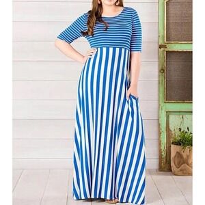 Matilda Jane Striped Maxi Dress Blue  Short Sleeve Boat Neck Women's Sz L